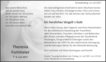 Traueranzeige von Theresia Furtmeier von Schwäbische Post