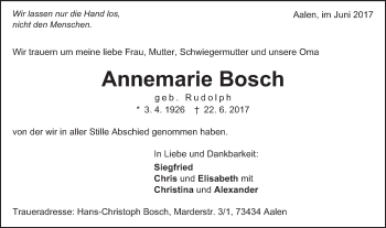 Traueranzeige von Annemarie Bosch von Schwäbische Post