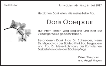 Traueranzeige von Doris Oberpaur von Gmünder Tagespost