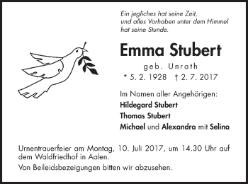 Traueranzeige von Emma Stubert von Schwäbische Post