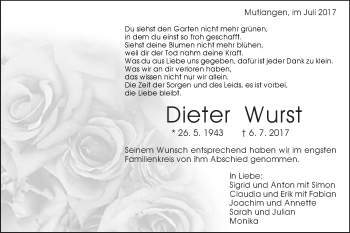 Traueranzeige von Dieter Wurst von Gmünder Tagespost