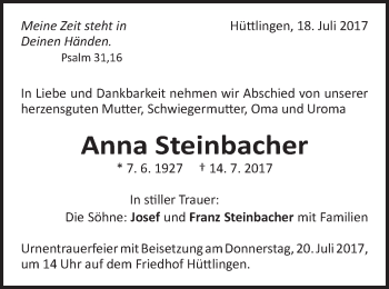Traueranzeige von Anna Steinbacher von Schwäbische Post