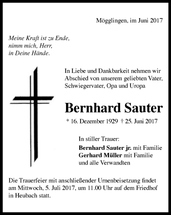 Traueranzeige von Bernhard Sauter von Gmünder Tagespost