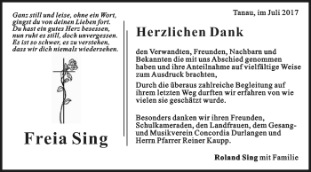 Traueranzeige von Freia Sing von Gmünder Tagespost