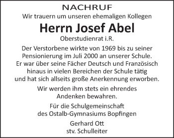 Traueranzeige von Josef Abel von Bopfinger Stadtanzeiger