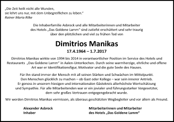 Traueranzeige von Dimitrios Manikas von Schwäbische Post