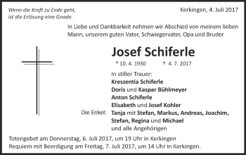 Traueranzeige von Josef Schiferle von Schwäbische Post