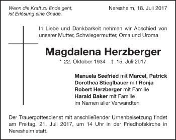 Traueranzeige von Magdalena Herzberger von Schwäbische Post