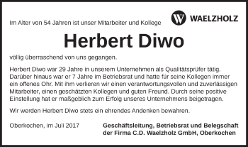 Traueranzeige von Herbert Diwo von Schwäbische Post