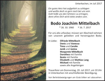 Traueranzeige von Bodo Joachim Mittelbach von Schwäbische Post