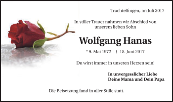 Traueranzeige von Wolfgang Hanas von Schwäbische Post
