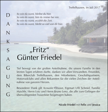 Traueranzeige von Günter Friedel von Gmünder Tagespost