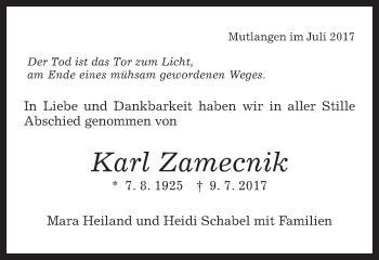Traueranzeige von Karl Zamecnik von Gmünder Tagespost