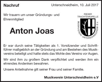 Traueranzeige von Anton Joas von Schwäbische Post