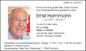 Traueranzeige von Ernst Hammann von Schwäbische Post