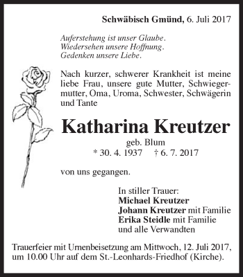 Traueranzeige von Katharina Kreutzer