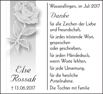 Traueranzeige von Else Rossak von Schwäbische Post