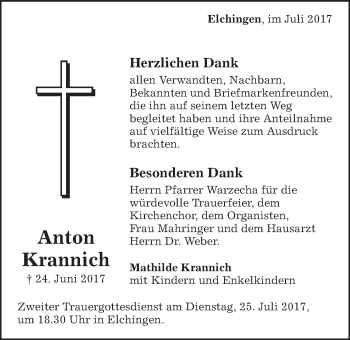 Traueranzeige von Anton Krannich von Schwäbische Post