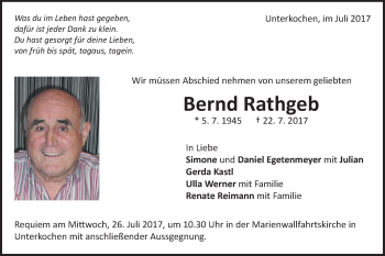 Traueranzeige von Bernd Rathgeb von Schwäbische Post