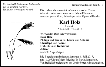 Traueranzeige von Karl Holz von Schwäbische Post