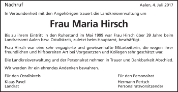 Traueranzeige von Maria Hirsch von Schwäbische Post