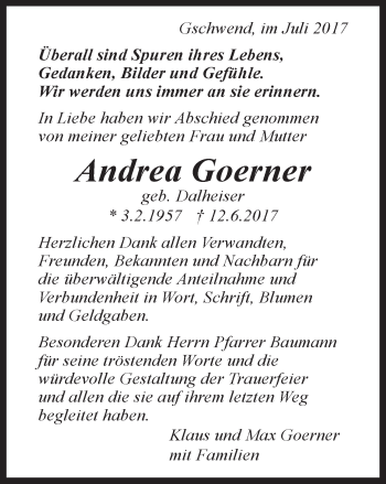 Traueranzeige von Andrea Goerner von Gmünder Tagespost