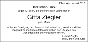 Traueranzeige von Gitta Ziegler von Schwäbische Post