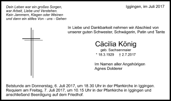 Traueranzeige von Cäcilia König von Gmünder Tagespost