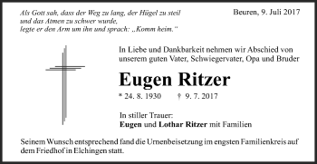 Traueranzeige von Eugen Ritzer von Schwäbische Post