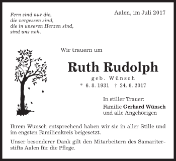 Traueranzeige von Ruth Rudolph von Schwäbische Post