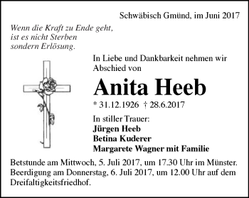 Traueranzeige von Anita Heeb von Gmünder Tagespost