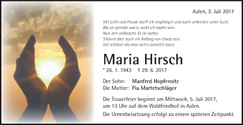 Traueranzeige von Maria Hirsch von Schwäbische Post