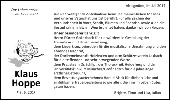 Traueranzeige von Klaus Hoppe von Schwäbische Post