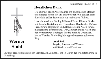Traueranzeige von Werner Stahl von Schwäbische Post