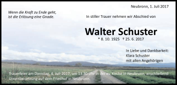 Traueranzeige von Walter Schuster von Schwäbische Post