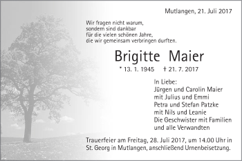 Traueranzeige von Brigitte Maier von Gmünder Tagespost