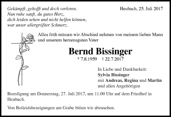 Traueranzeige von Bernd Bissinger von Gmünder Tagespost