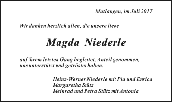 Traueranzeige von Magda Niederle von Gmünder Tagespost