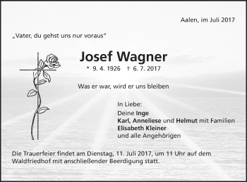 Traueranzeige von Josef Wagner von Schwäbische Post