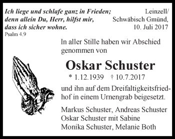 Traueranzeige von Oskar Schuster von Gmünder Tagespost