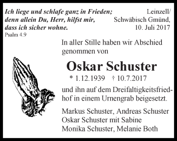 Traueranzeige von Oskar Schuster