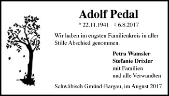 Traueranzeige von Adolf Pedal von Gmünder Tagespost