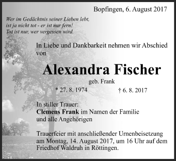 Traueranzeige von Alexandra Fsicher von Schwäbische Post