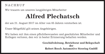 Traueranzeige von Alfred Plechatsch von Gmünder Tagespost