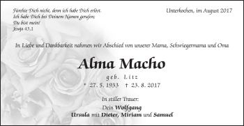 Traueranzeige von Alma Macho von Schwäbische Post