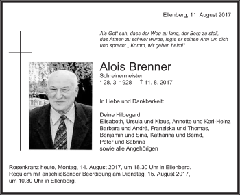 Traueranzeigen von Alois Brenner | OstalbTrauer