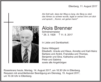 Traueranzeige von Alois Brenner von Schwäbische Post