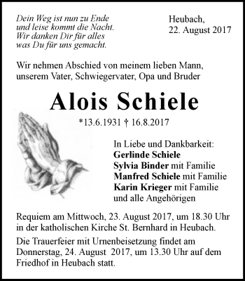 Traueranzeige von Alois Schiele von Gmünder Tagespost