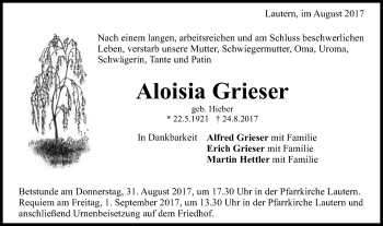 Traueranzeige von Aloisia Grieser von Gmünder Tagespost
