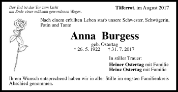 Traueranzeige von Anna Burgess von Gmünder Tagespost